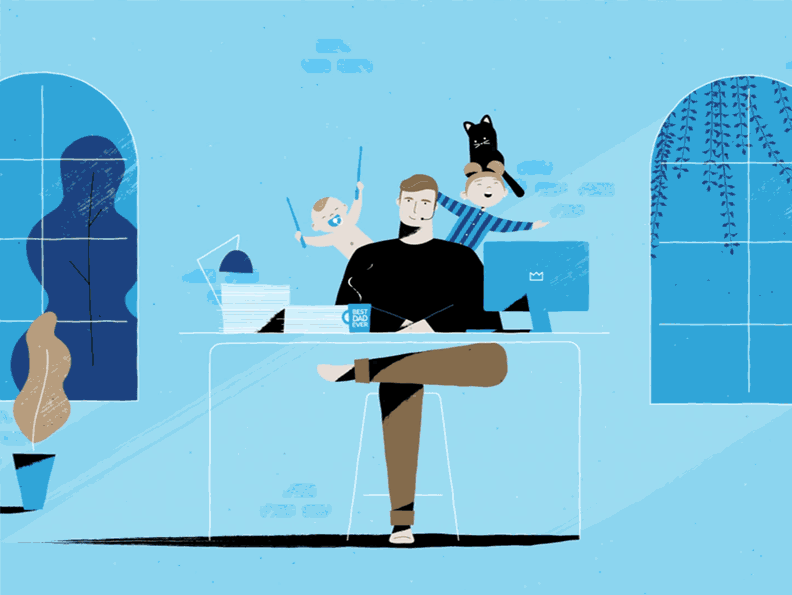 Hombre trabajando desde casa con sus hijos y gato: Gifs animados